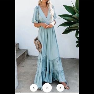 Solid blue, deep v-neck, ruffled dress